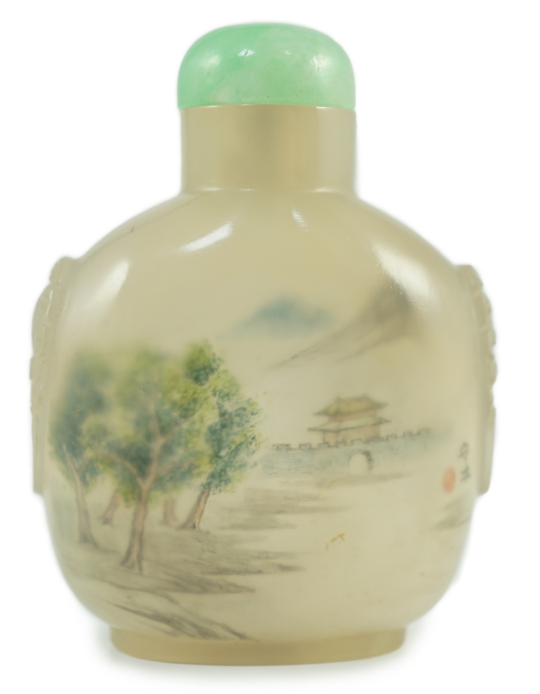 A Chinese inside painted agate ‘landscape’ snuff bottle, signed Liu Shouben, c.1965-70, 5.8cm high, jadeite stopper